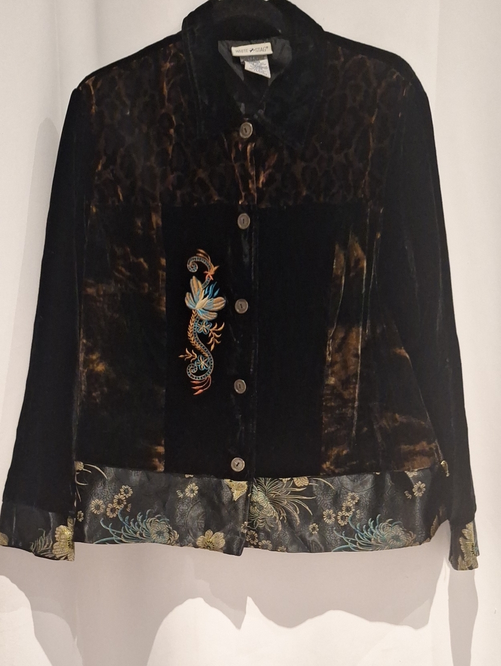 Vintage White Stag Black Velvet Embroidered Patchwork Jacket